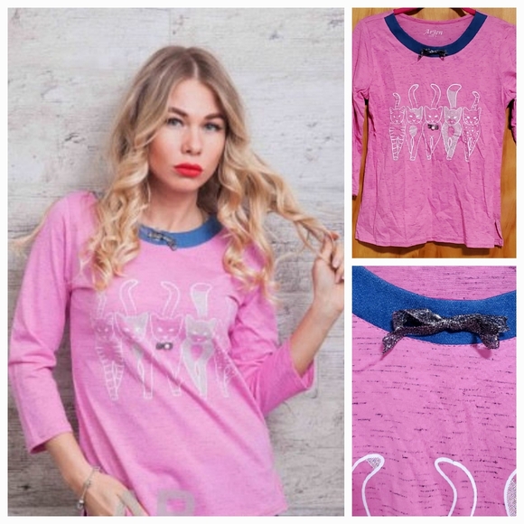 YELLOW OR PINK FASHION WOMEN TOP WITH CATS - Picture 5 of 16